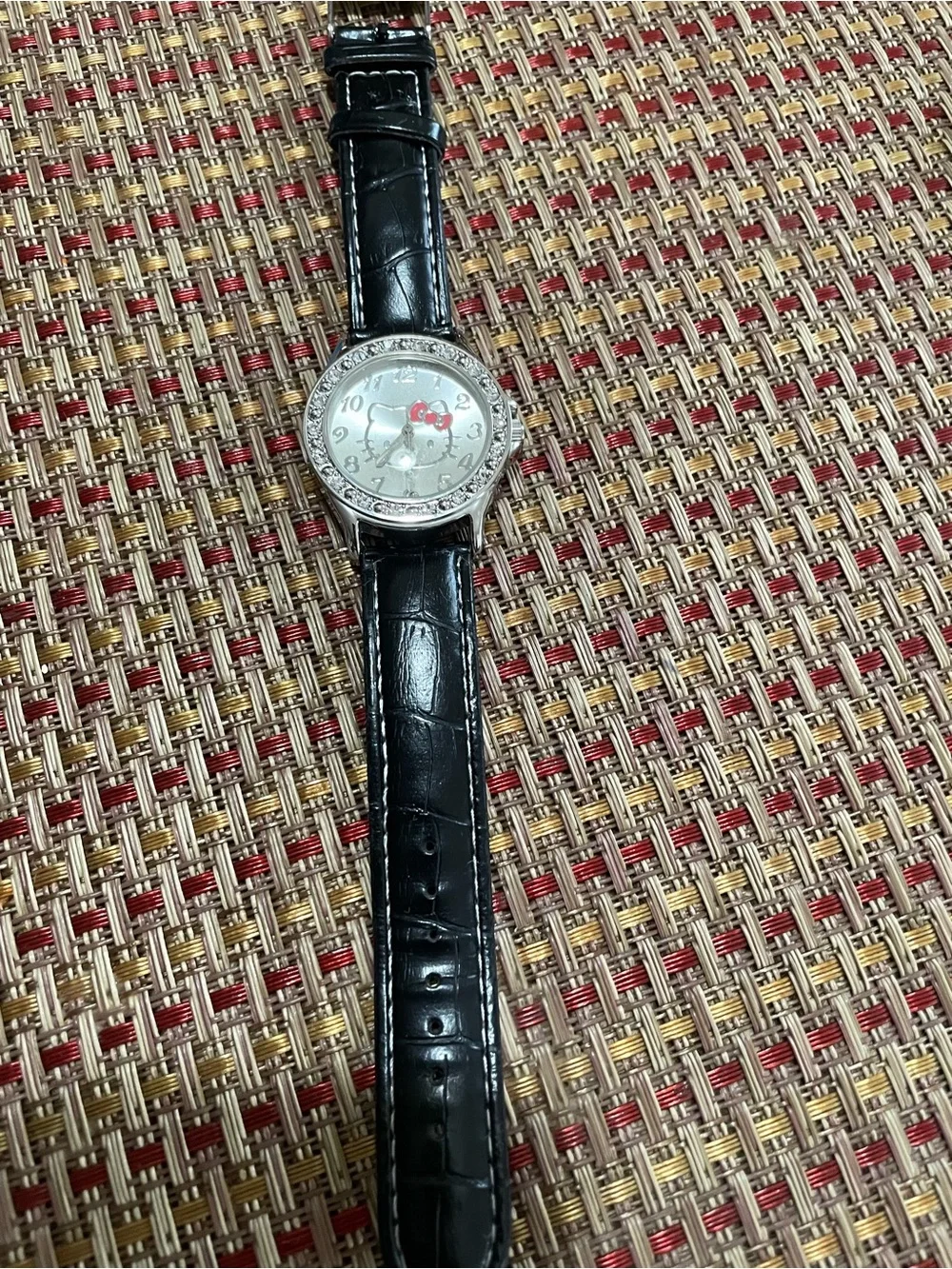Hello Kitty Black Leather Strap Watch with Crystal Accents